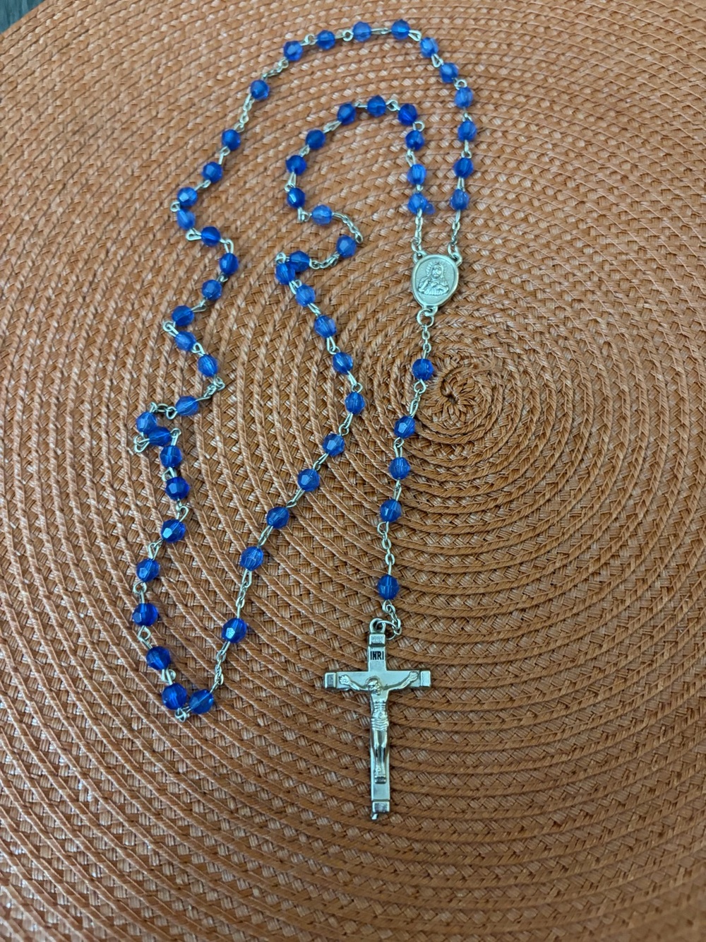 Blue Bead Rosary Necklace with Crucifix